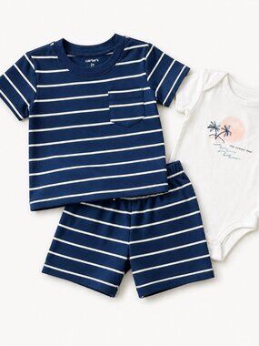 NWT Carter’s Toddler Boys 24M 3 Piece Summer Outfit Set Striped Shirt Shorts